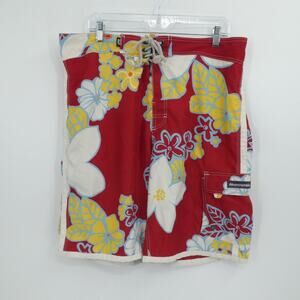 VTG Abercrombie Fitch Shorts Mens 36 Red Floral Hawaiian Swim Trunks Boardshorts